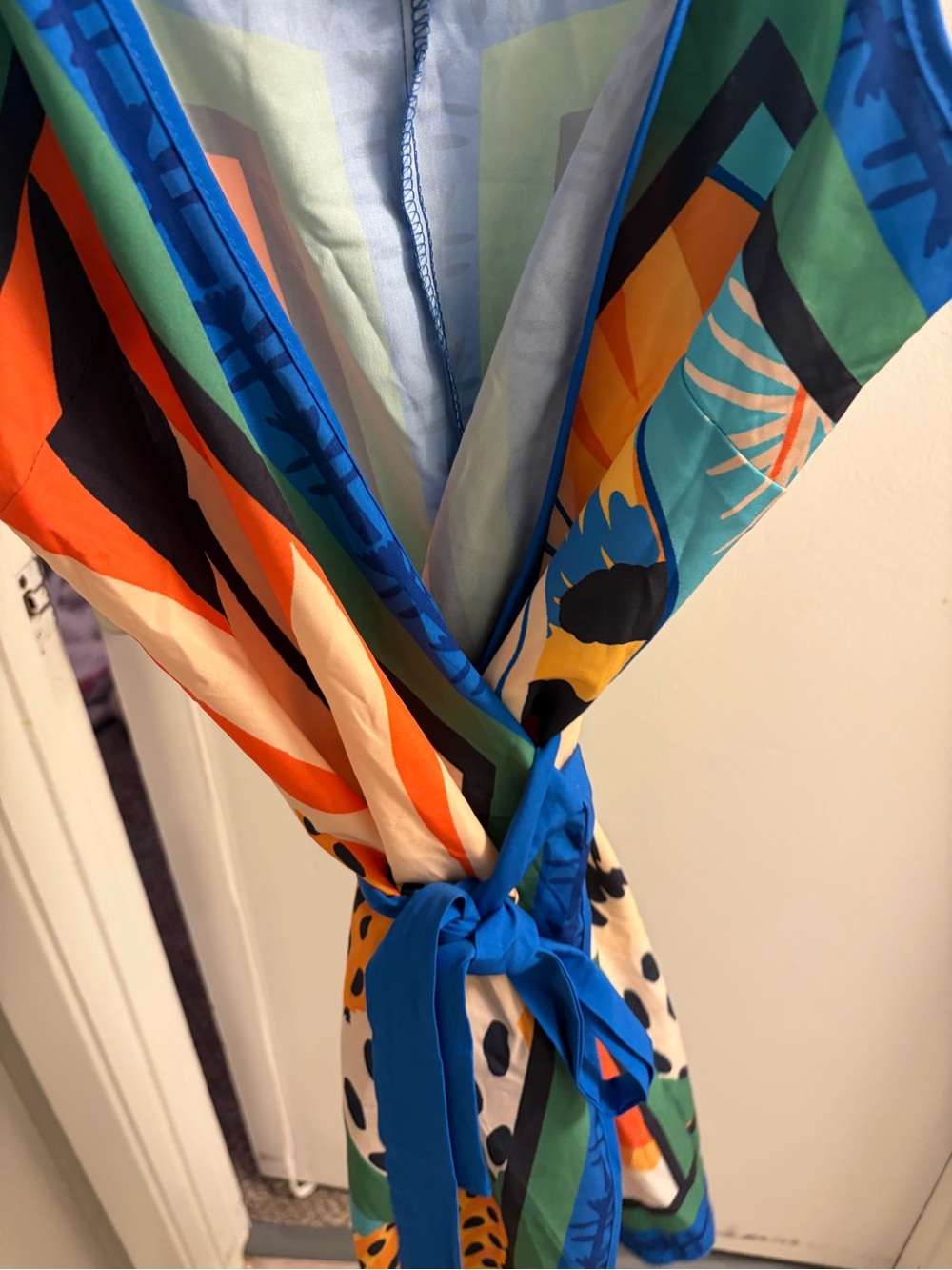 SHEIN Blue, Orange, Green & Yellow Abstract Wrap Mini Dress - Picture 11 of 11
